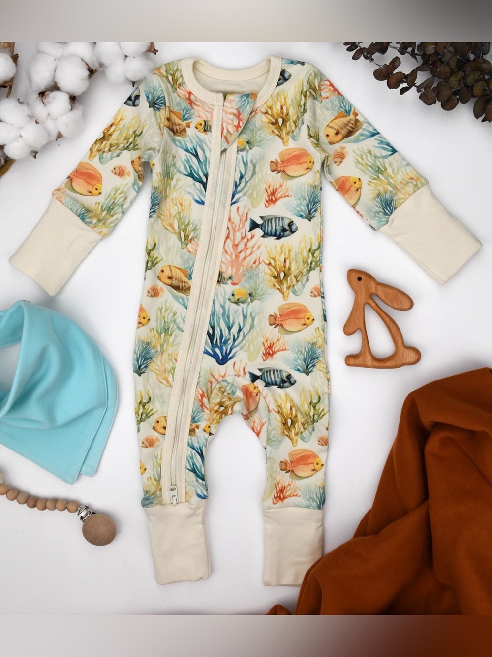 EARTHY Org Cotton Fish Print 2-Way Zipper Sleeper Pajamas - 6-9M